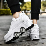 Double-Row Deform Wheel Automatic Walking Shoes Invisible Deformation Roller Skate 2 in 1 Removable Pulley Skates Skating Parkour (White Silver, US9)