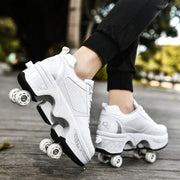 Double-Row Deform Wheel Automatic Walking Shoes Invisible Deformation Roller Skate 2 in 1 Removable Pulley Skates Skating Parkour (White Silver, US9)