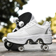 Double-Row Deform Wheel Automatic Walking Shoes Invisible Deformation Roller Skate 2 in 1 Removable Pulley Skates Skating Parkour (White Silver, US9)