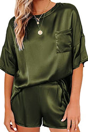 Ekouaer Womens, Satin Short Sleeve Silk Pajamas Set, Soft Sleepwear Top With Causal Shorts, Army Green, X-Small