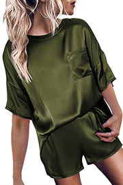 Ekouaer Womens, Satin Short Sleeve Silk Pajamas Set, Soft Sleepwear Top With Causal Shorts, Army Green, X-Small