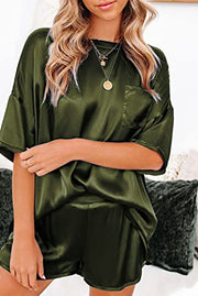 Ekouaer Womens, Satin Short Sleeve Silk Pajamas Set, Soft Sleepwear Top With Causal Shorts, Army Green, X-Small