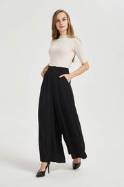 Tronjori Women High Waist Casual Wide Leg Long Palazzo Pants Trousers Regular Size(XS Short,Black)